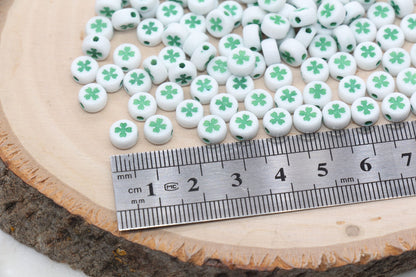Four Leaf Clover Beads Beads, Shamrock Round Beads, White Beads with Green Leaf Clover Beads, Bracelet Beads, Jewelry Making, Size 7mm #2979