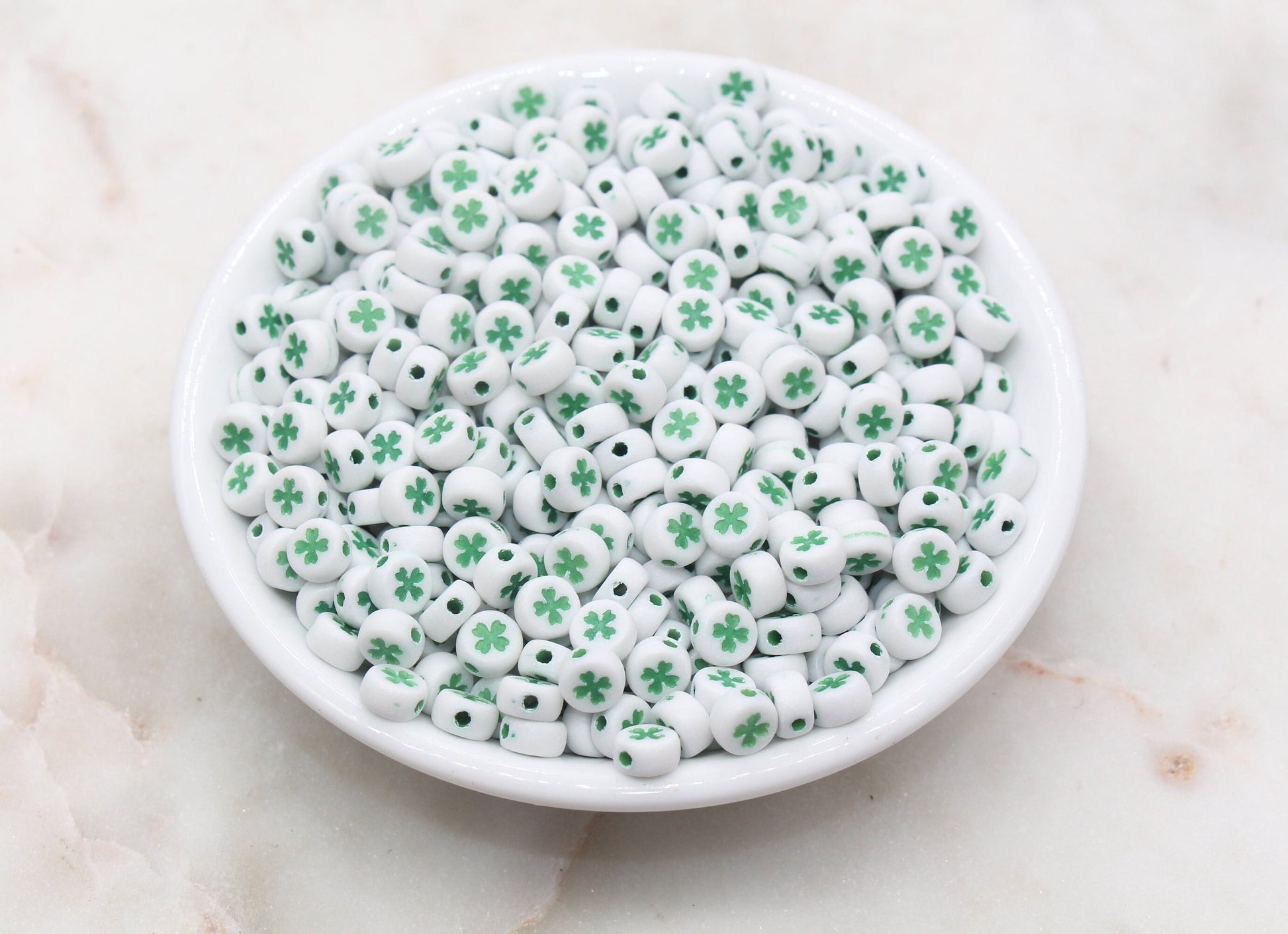 Four Leaf Clover Beads Beads, Shamrock Round Beads, White Beads with Green Leaf Clover Beads, Bracelet Beads, Jewelry Making, Size 7mm #2979