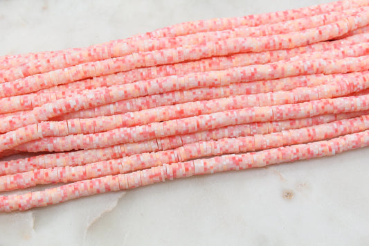 6mm Peach and Pink Mix Speckled Heishi Beads, Speckled Polymer Clay Disc Beads, African Disc Beads, Jewelry Making Beads, Full Strand #523
