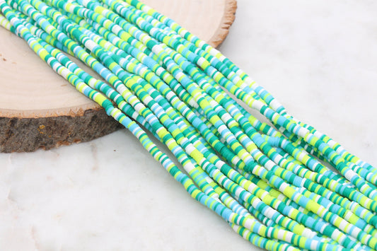 4mm Green Blue and White Mix Heishi Beads, Multicolor Polymer Clay Disc Beads, African Disc Beads, Vinyl Heishi, Full Strand #539