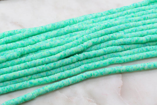 6mm Green Speckled Heishi Beads, Dotted Speckled Polymer Clay Disc Beads, African Disc Beads, Vinyl Heishi, Full Strand #609