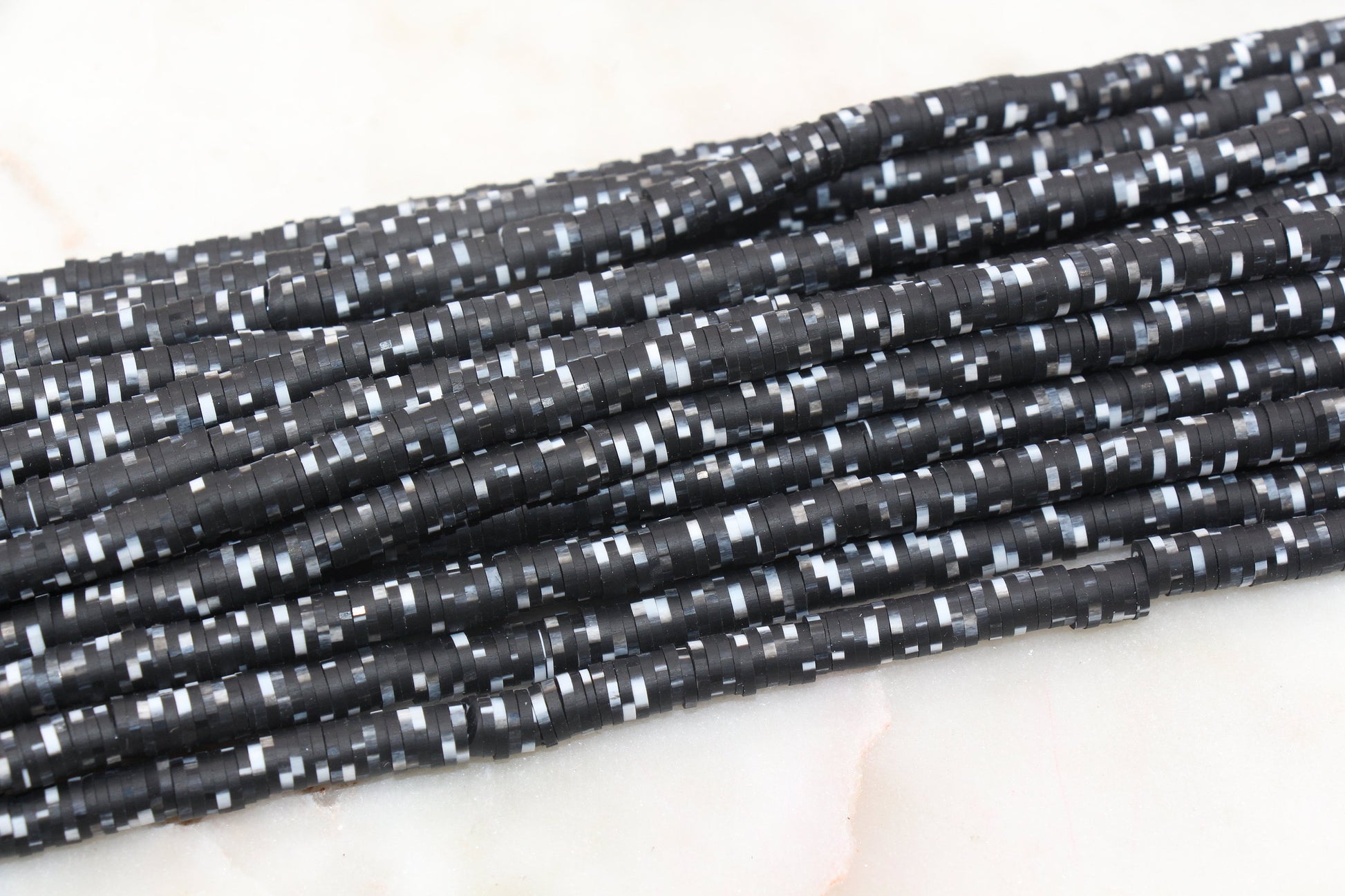 6mm Black with White Speckled Heishi Beads, Dotted Speckled Polymer Clay Disc Beads, African Disc Beads, Jewelry Making, Full Strand #389