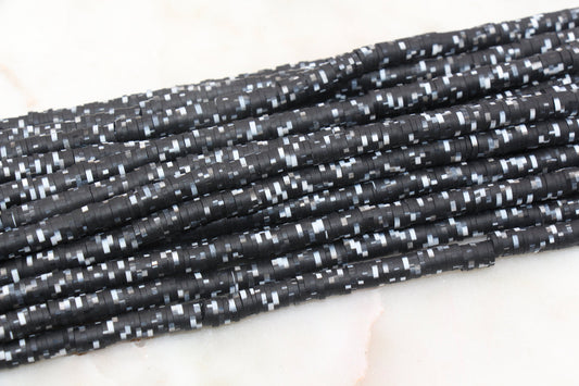6mm Black with White Speckled Heishi Beads, Dotted Speckled Polymer Clay Disc Beads, African Disc Beads, Jewelry Making, Full Strand #389