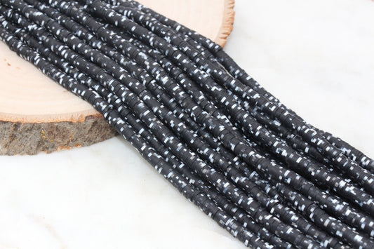 6mm Black with White Speckled Heishi Beads, Dotted Speckled Polymer Clay Disc Beads, African Disc Beads, Jewelry Making, Full Strand #389